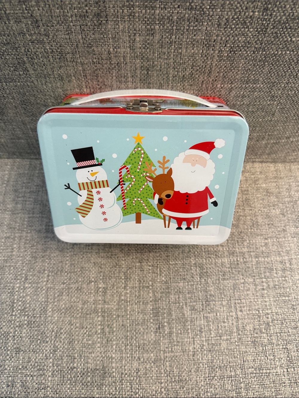 Holiday Tin Lunchbox - Santa & Snowman Design in Light Blue